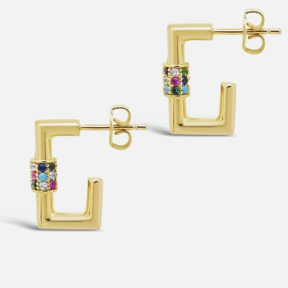 Gold Multicolor Square CZ Carabiner Huggie Hoops Earring